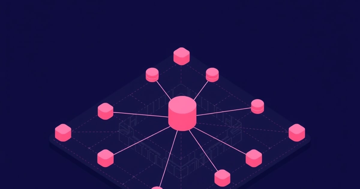Isometric pink cylinder hub wired by glowing lines to smaller pink nodes on a dark navy platform, evoking LoRA loader nodes linked in a ComfyUI graph.
