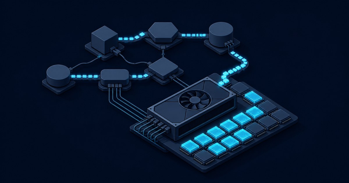 Isometric node graph of dark geometric blocks linked by glowing cyan data lines feeding a fan-cooled GPU whose memory chips light up in a grid.