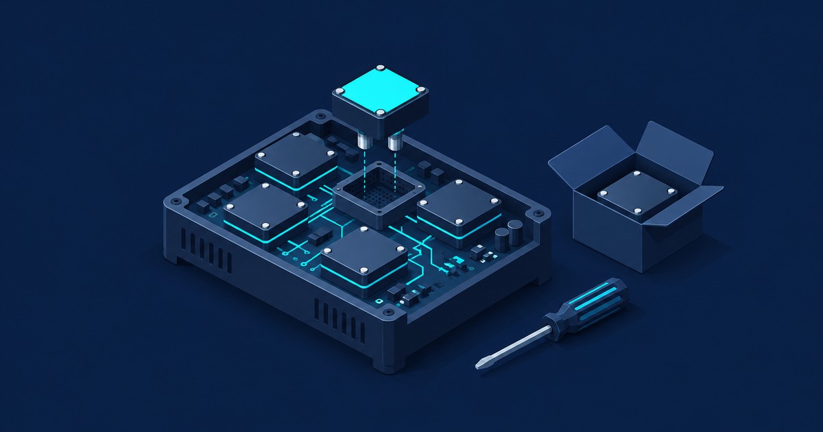 Isometric navy circuit board where a glowing cyan add-on module slots into place, next to an open box with a spare module and a screwdriver